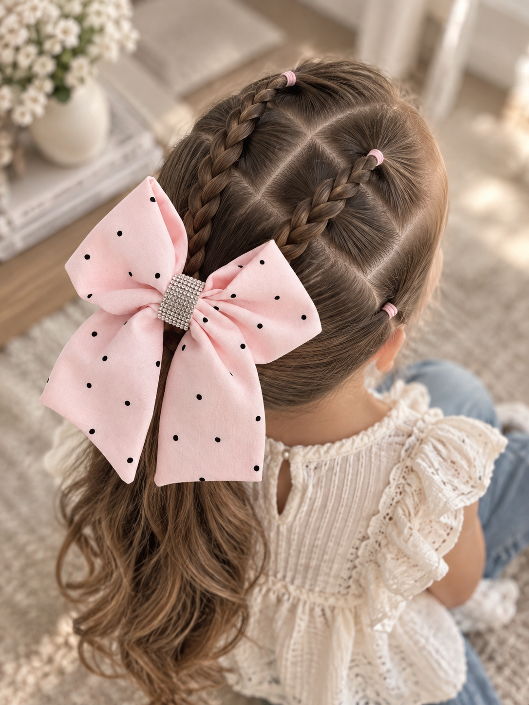 Blushing Dottie Bow, 6-inch blush pink polka-dot hair bow worn in a girl's hairstyle to show scale