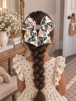 Flutter & Bloom Bow, 6-inch boutique hair bow worn in a girl's hairstyle to show scale