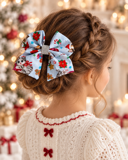 Christmas kitty hair bow for girls with festive holiday print and rhinestone center
