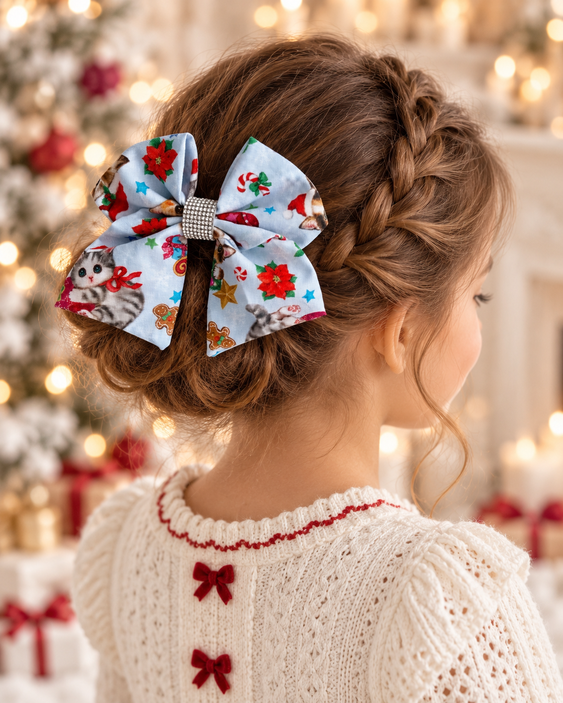 Christmas kitty hair bow for girls with festive holiday print and rhinestone center