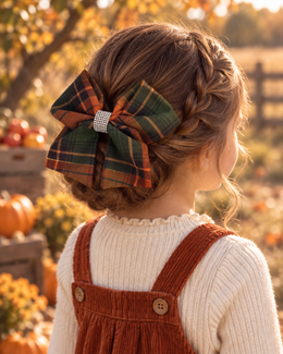 Fall plaid boutique hair bow in dark green and burnt orange for girls