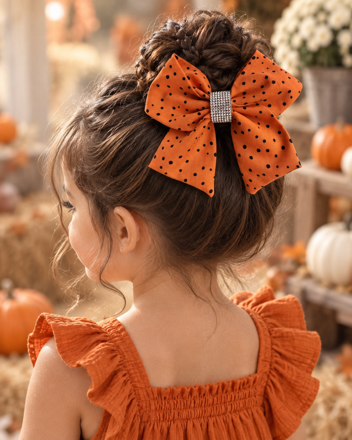 A young girl with her hair in a braided bun wears a large orange bow with black polka dots and a rhinestone-embellished center, photographed in a warm autumn-themed setting with pumpkins and hay.