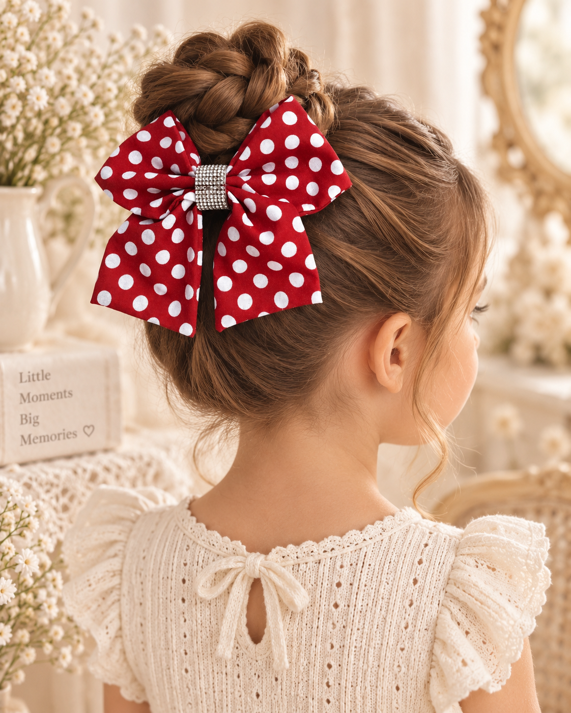 Red polka dot boutique hair bow for girls with sparkling rhinestone center