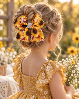Sunflower hair bow for girls with warm burgundy rust accents