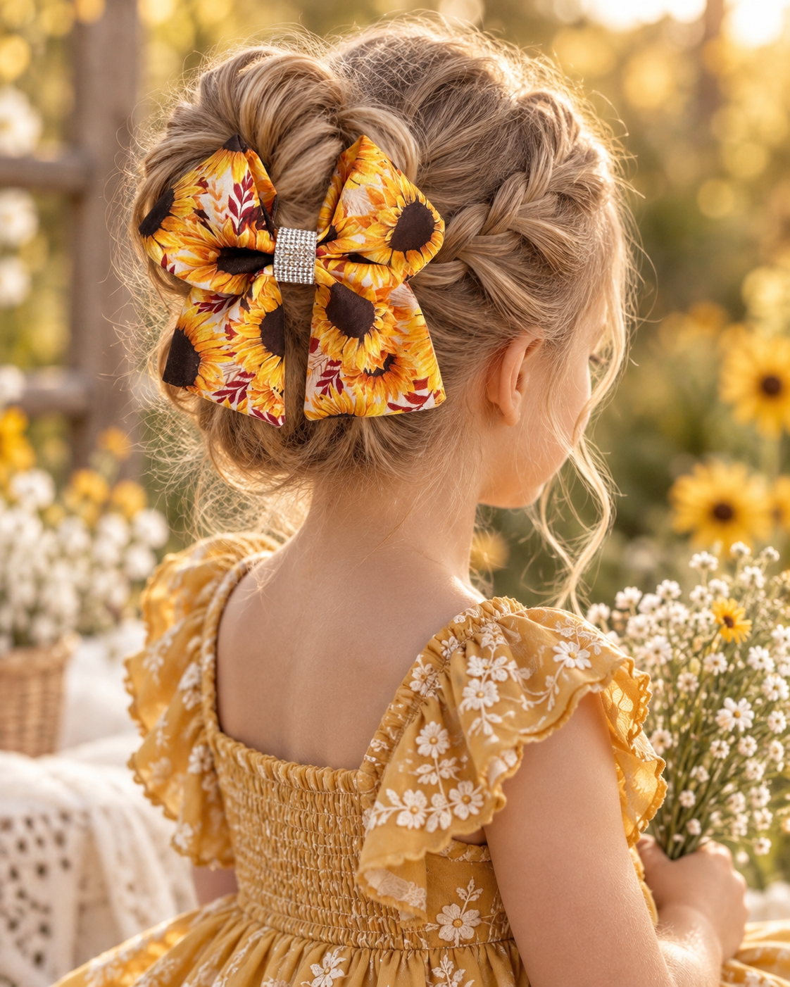 Sunflower hair bow for girls with warm burgundy rust accents