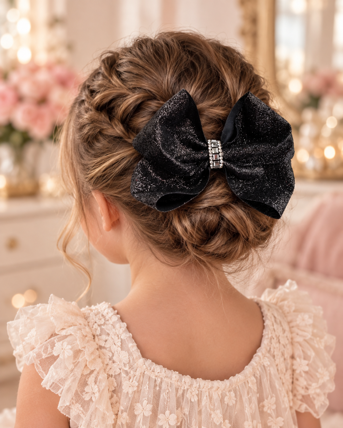 Midnight Sparkle 5.5” Black Glitter Hair Bow, 5.5-inch black glitter hair bow worn in a girl's hairstyle to show scale