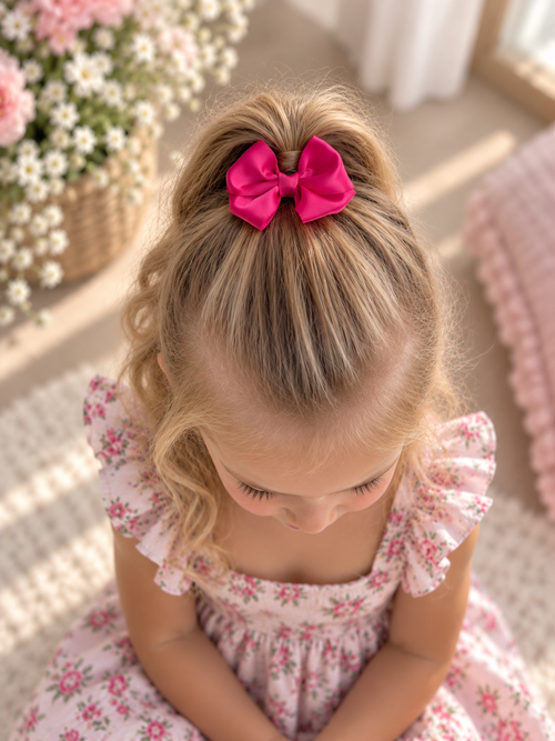 Berry Kiss fuchsia satin mini bow worn in hairstyle