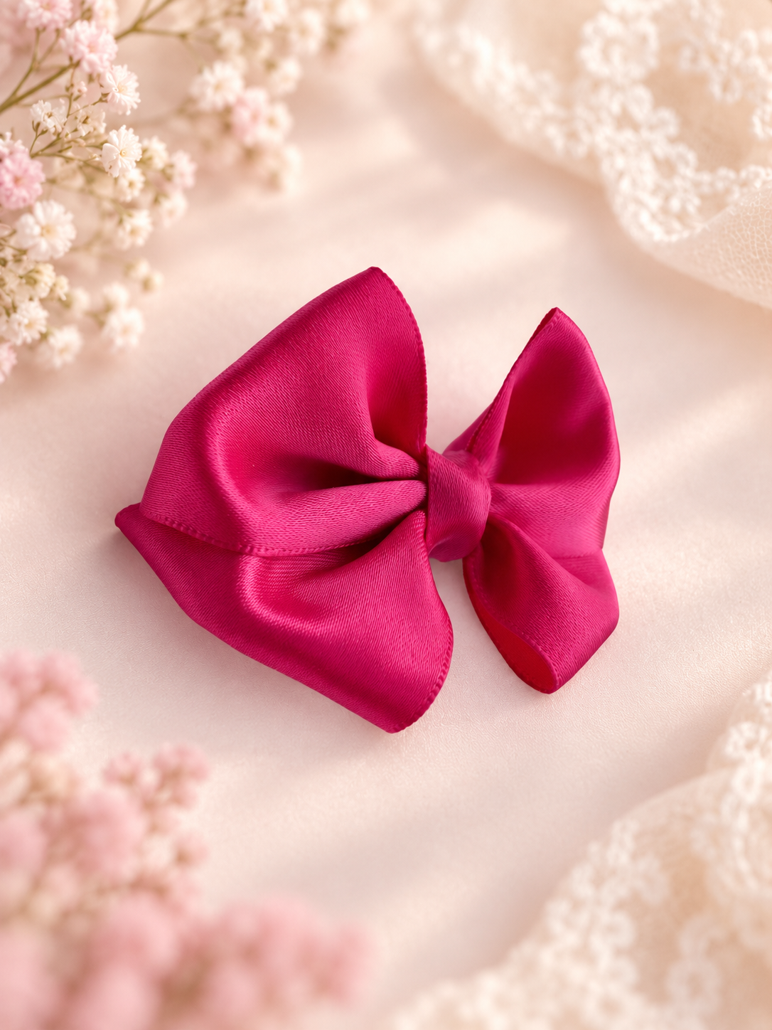 Close-up of Berry Kiss fuchsia satin mini hair bow