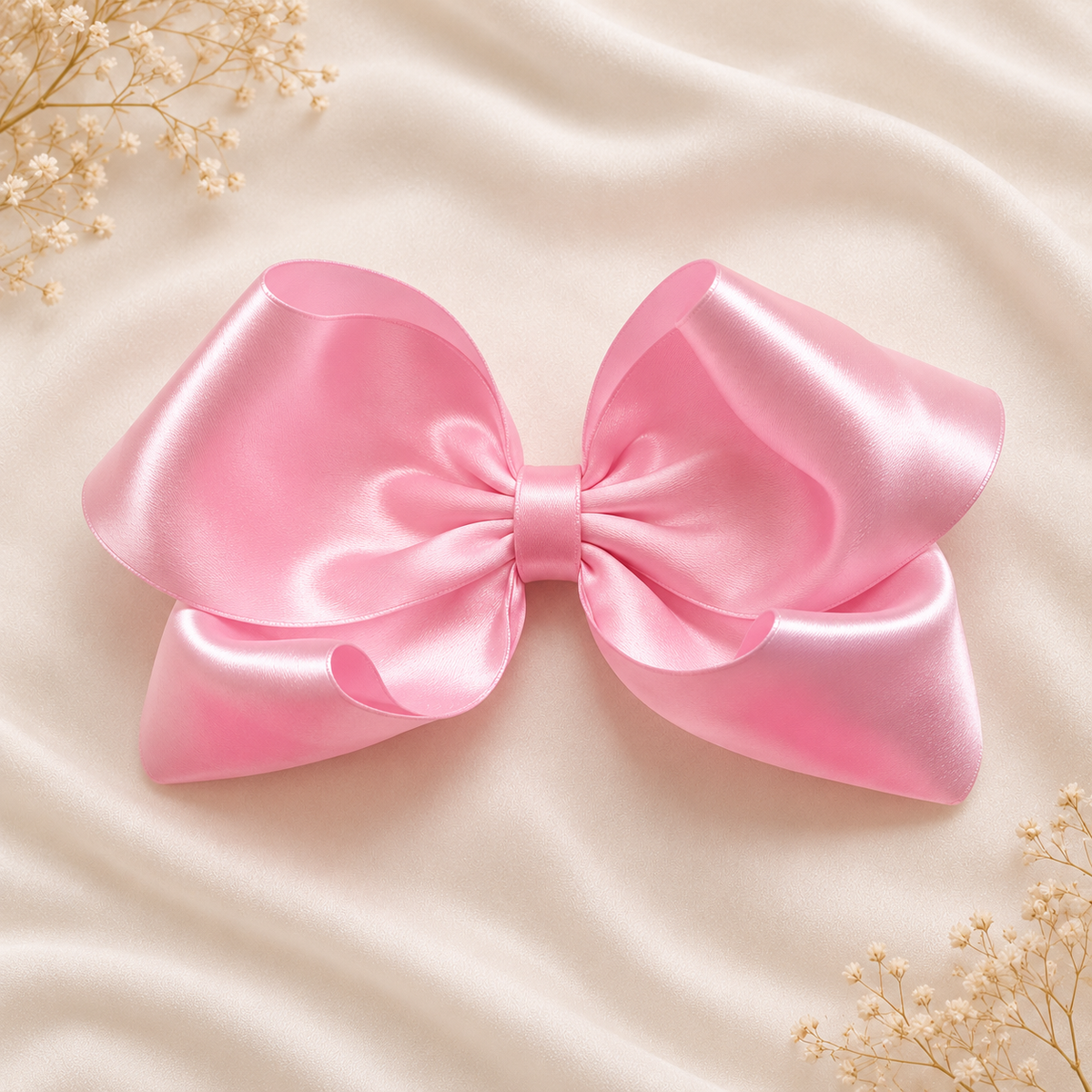 A large pink satin bow with a glossy, lustrous finish, styled on a draped cream-colored fabric background with small dried flowers in the corners.