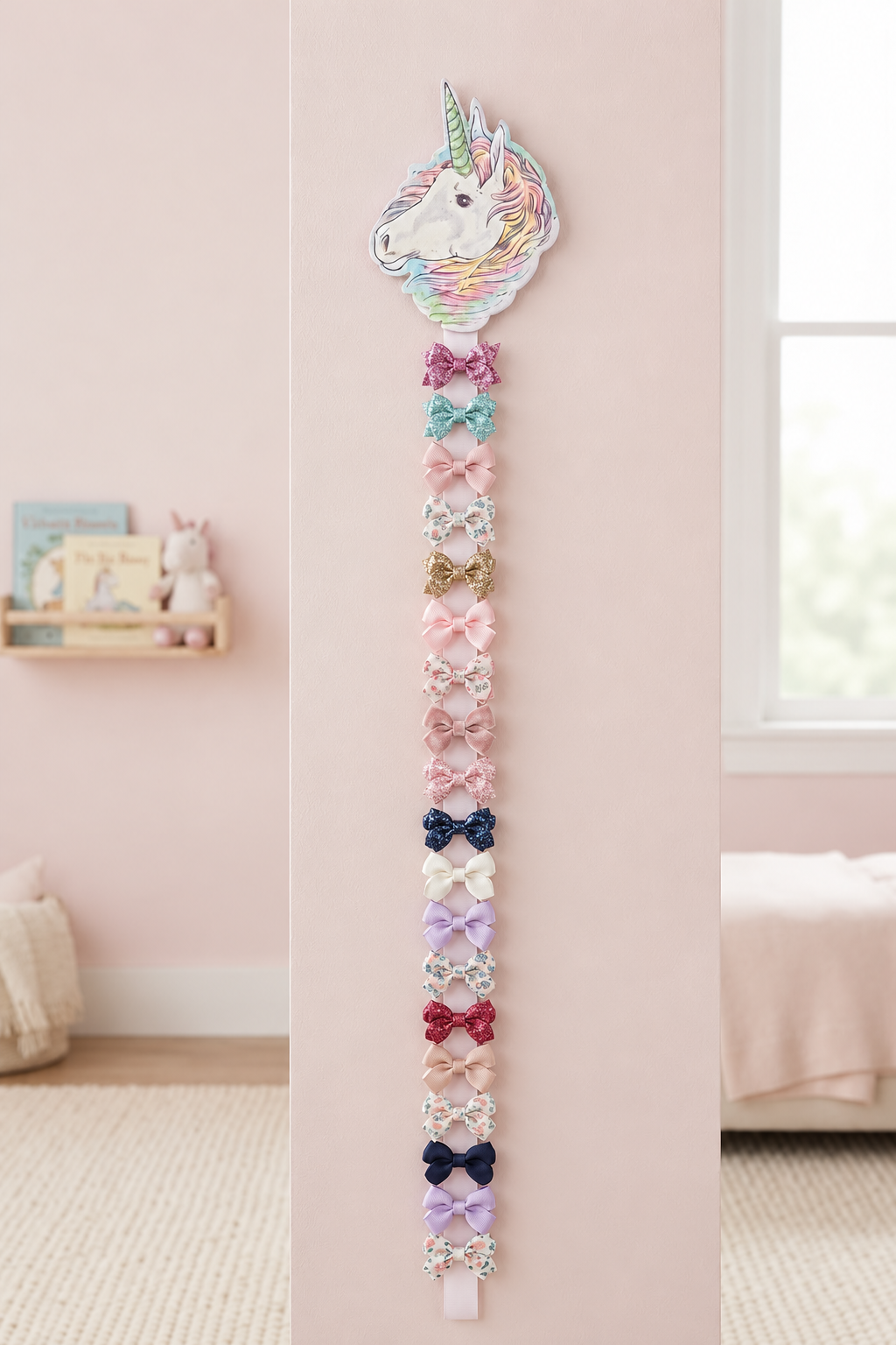 Pastel Dreamer Unicorn Hair Bow Holder with 36-Inch White Ribbon