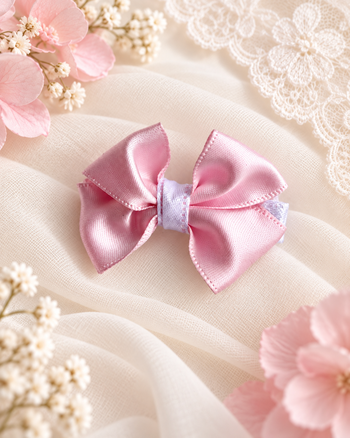 Blush pink 2 inch satin mini hair bow on soft ivory lace