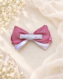 Back view of Blushing Pearl 3.5 inch pink and white satin hair bow showing the clip
