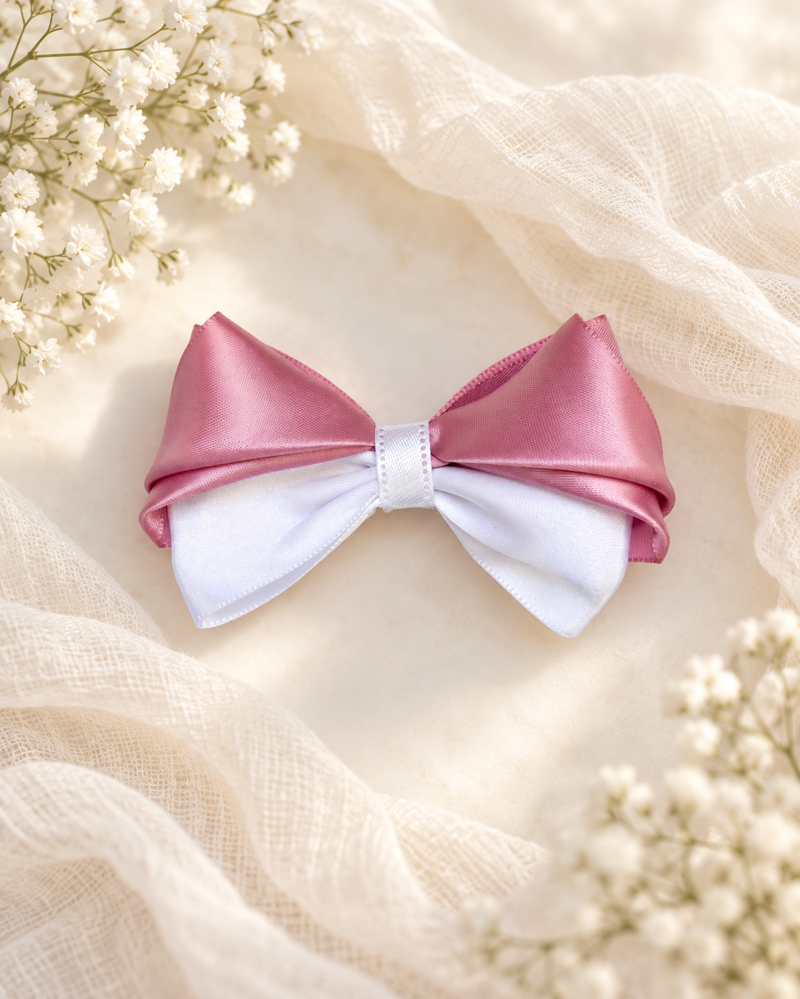 Blushing Pearl 3.5 inch pink and white satin hair bow for girls