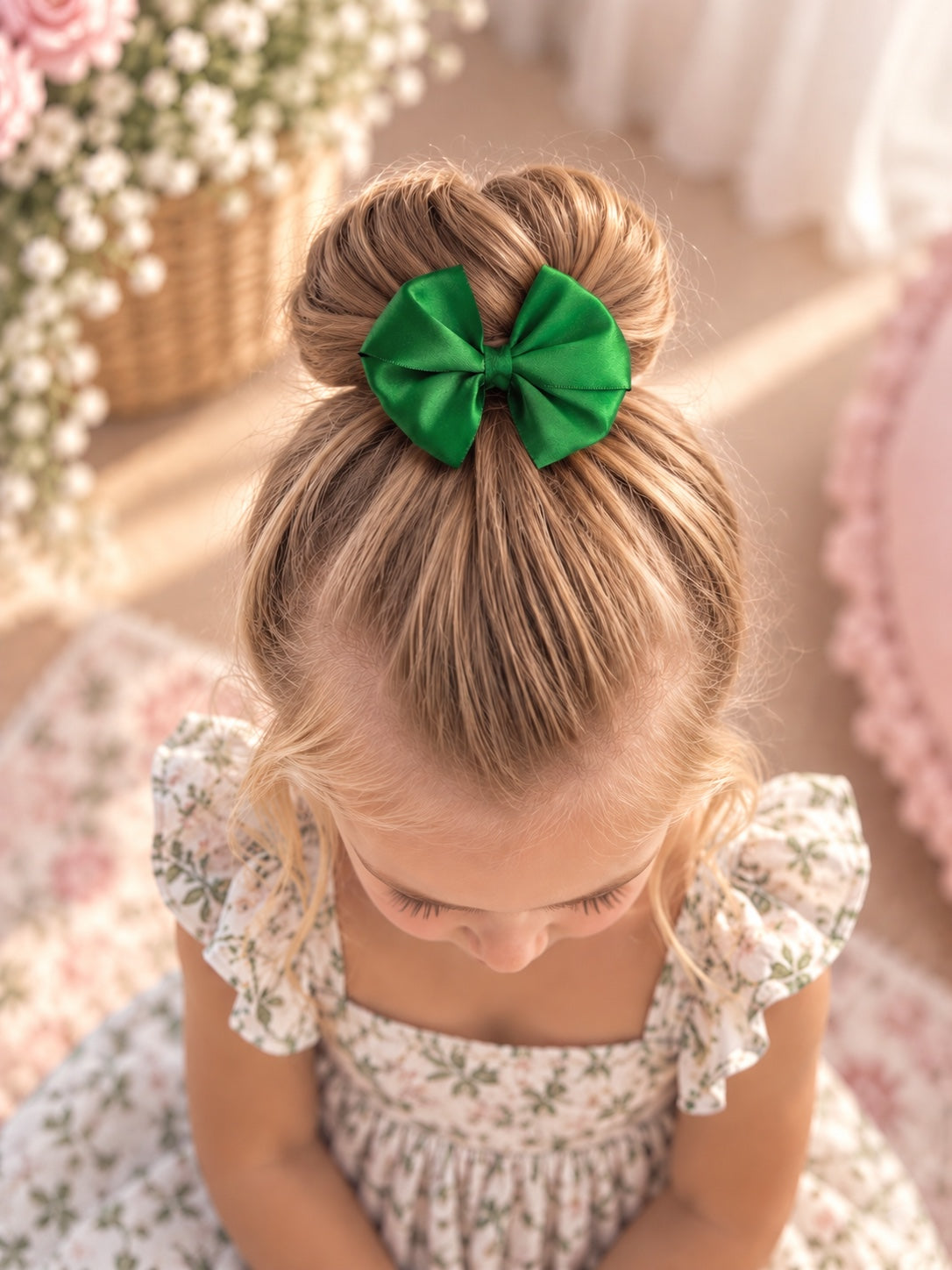 Girl wearing emerald green satin bow with bun hairstyle