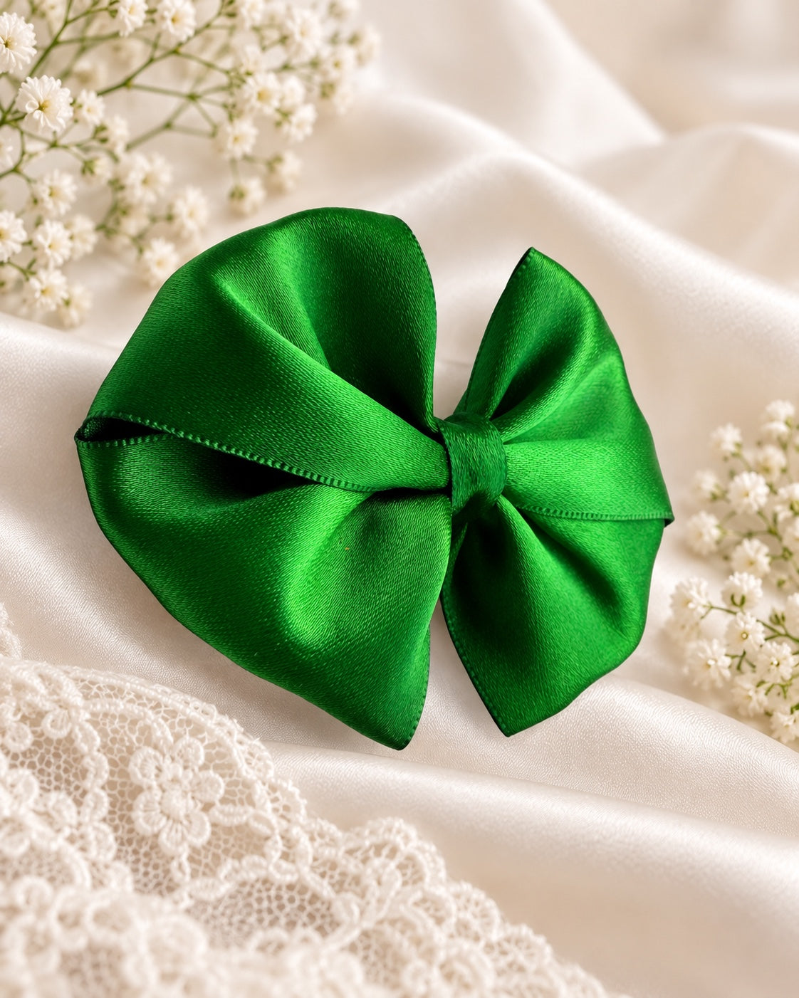 Emerald green satin boutique hair bow angled view