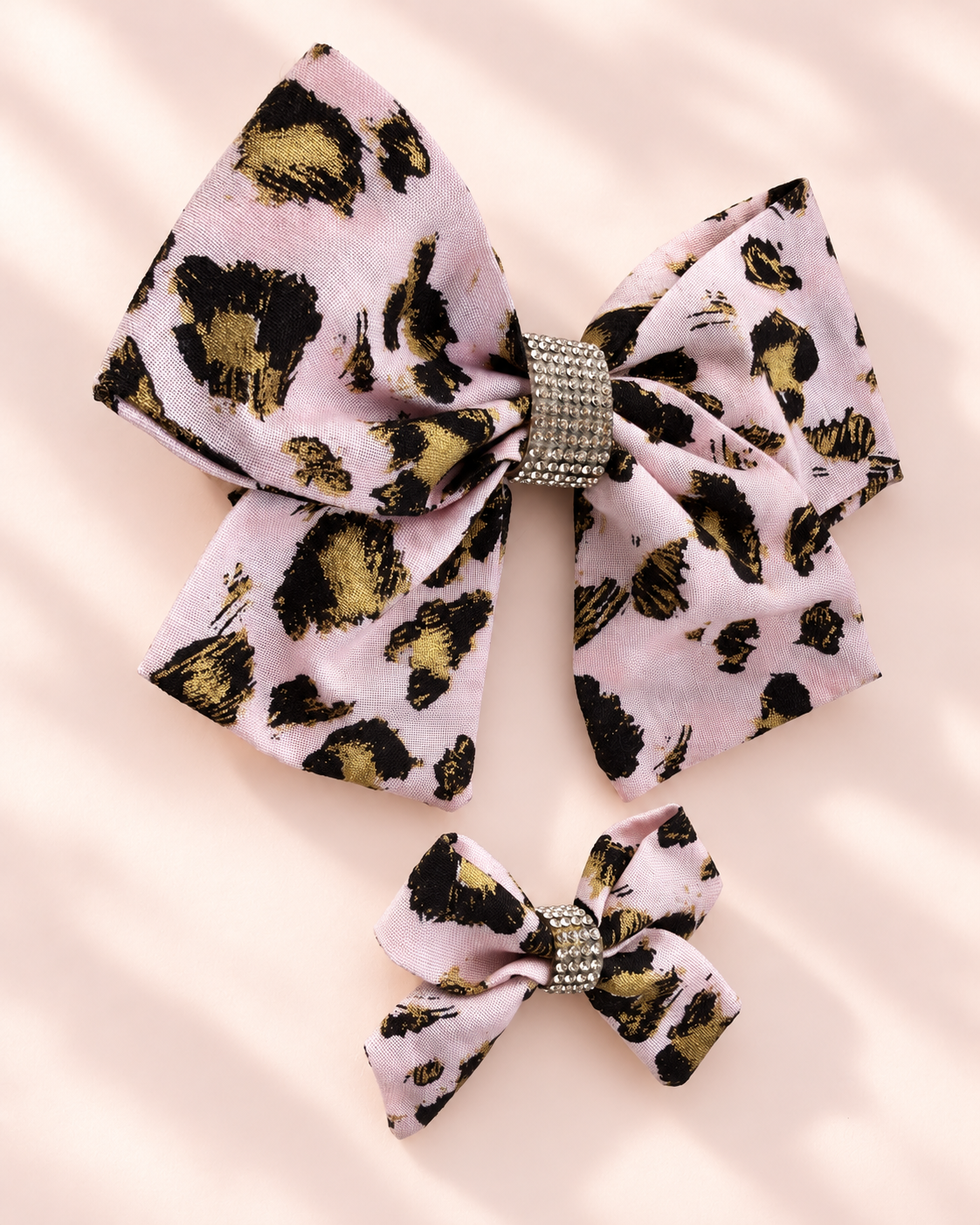 Gilded Leopard matching large and mini hair bow set in blush pink black and gold with rhinestone centers