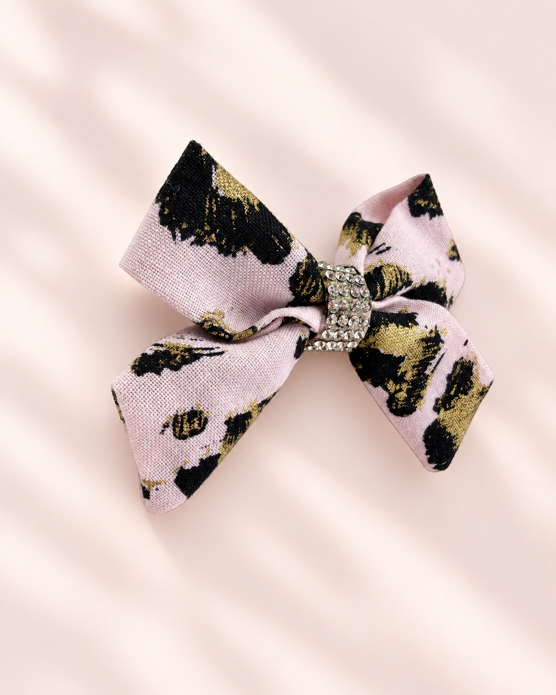 3 inch Gilded Leopard blush pink black and metallic gold hair bow with rhinestone center