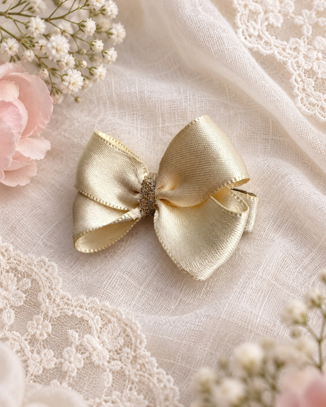 angled view of 2 inch champagne satin hair bow with glitter center
