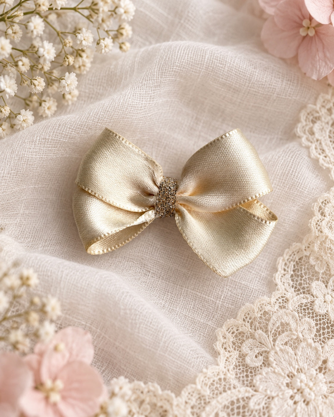 close up of champagne satin mini hair bow with glitter center