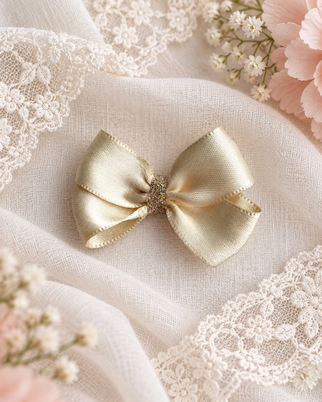 champagne satin mini hair bow styled on soft ivory fabric and lace