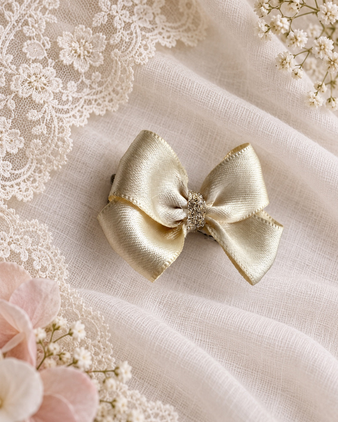 champagne satin mini hair bow on ivory lace with soft florals