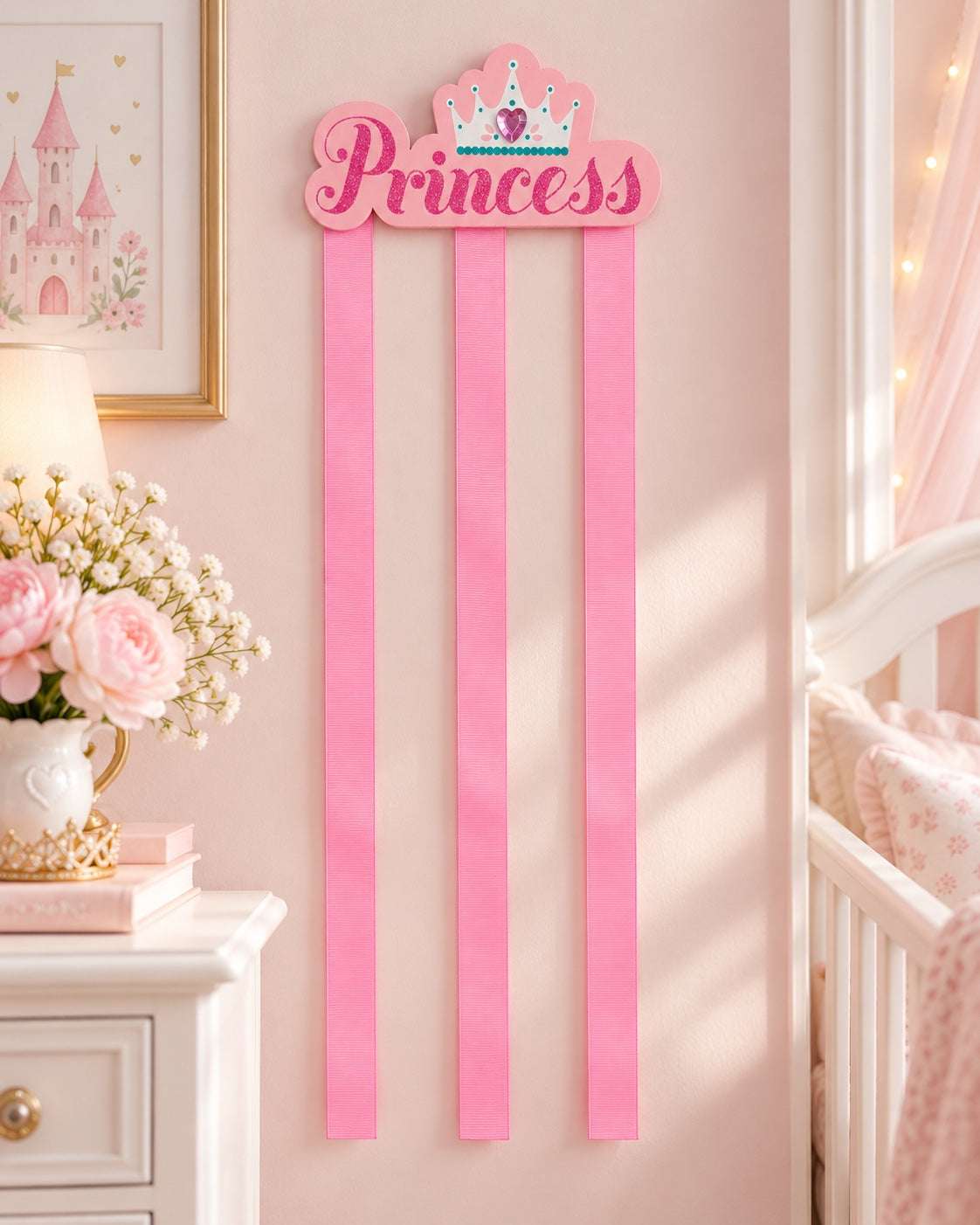 Princess hair bow holder displayed on nursery wall with three pink ribbons