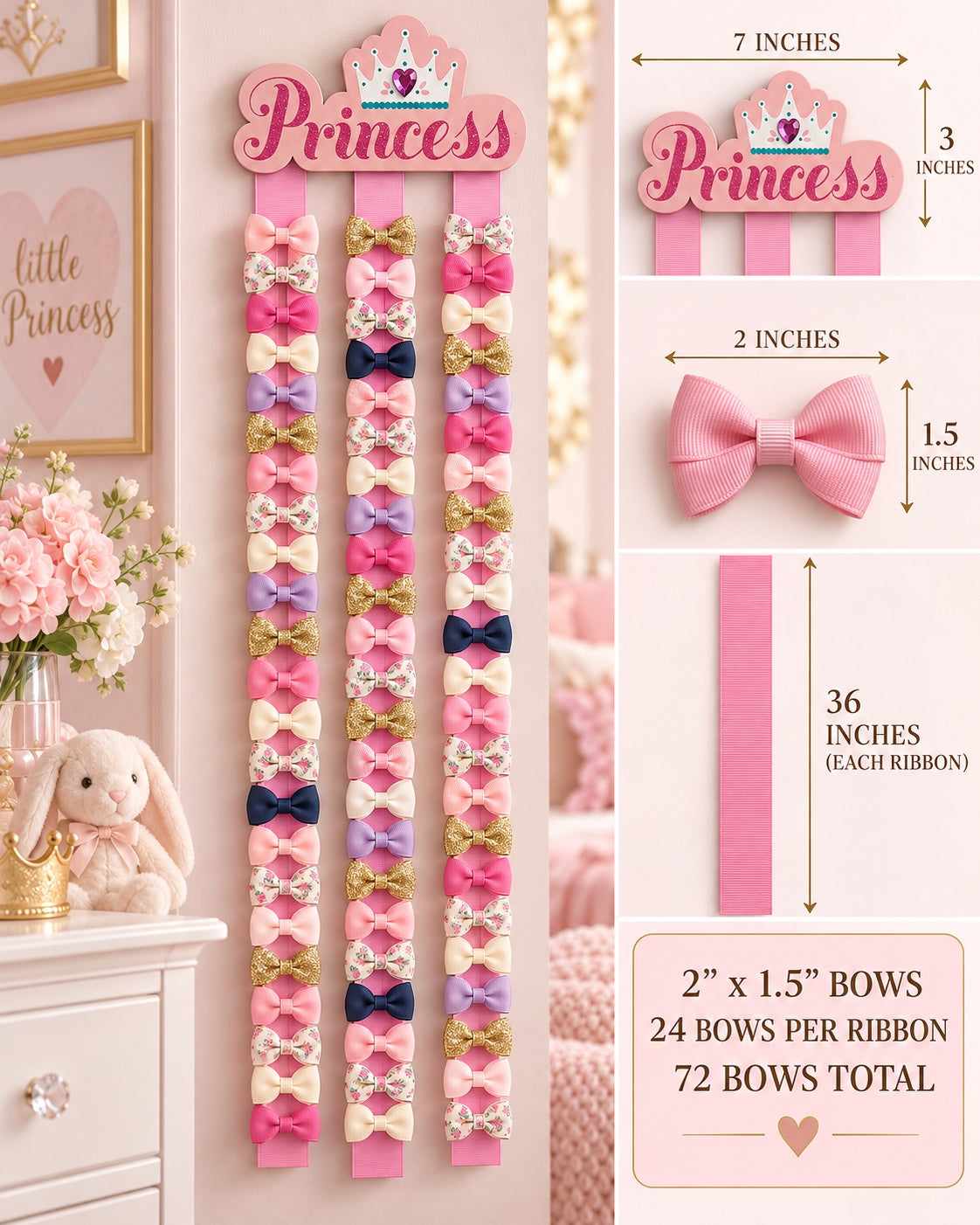 Princess hair bow holder dimensions and bow storage example