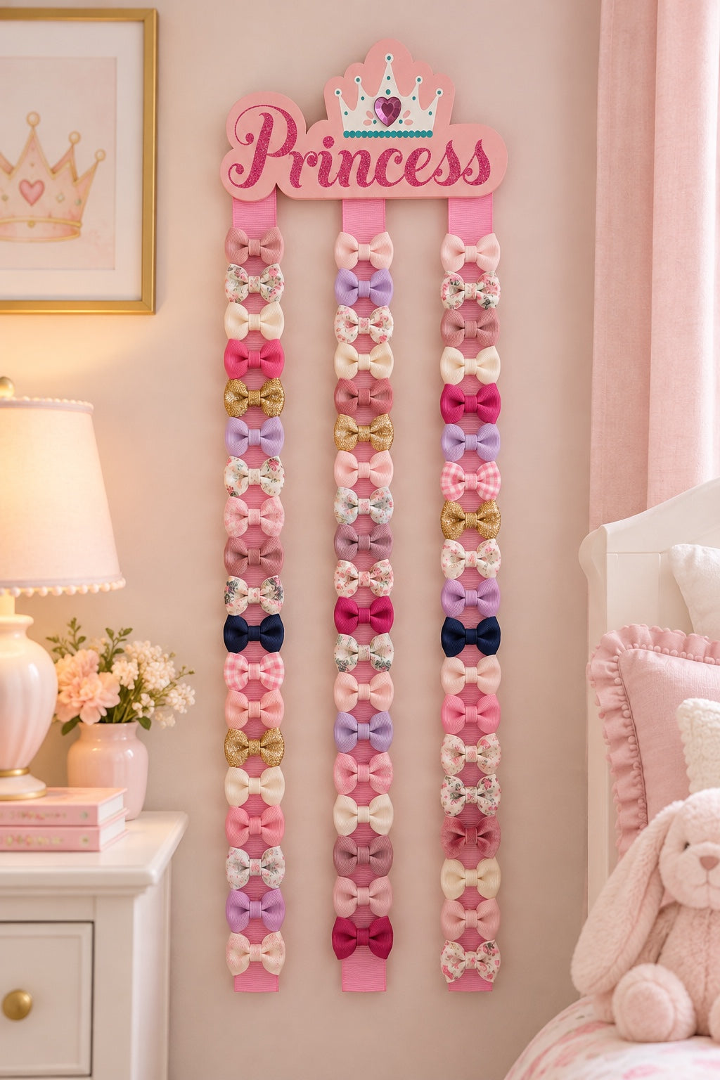 Princess hair bow organizer with bows on ribbons in nursery