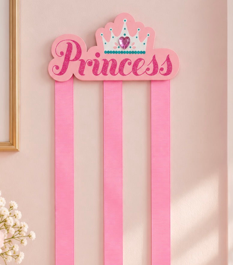 Pink Princess hair bow holder and three ribbons close-up