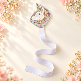 Pastel unicorn bow holder with white ribbon arranged in a soft S-curve on an ivory floral flat lay