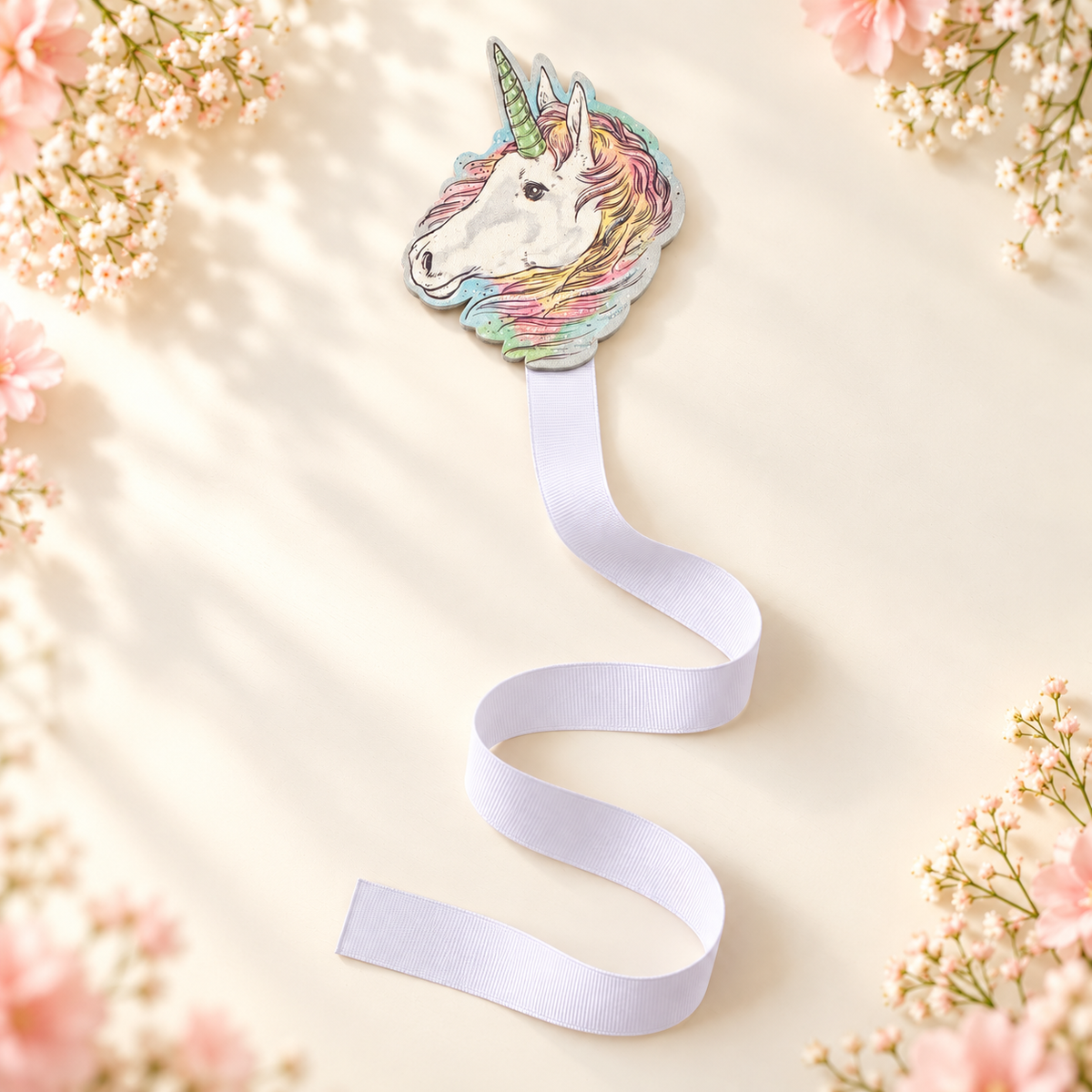 Pastel unicorn bow holder with white ribbon arranged in a soft S-curve on an ivory floral flat lay