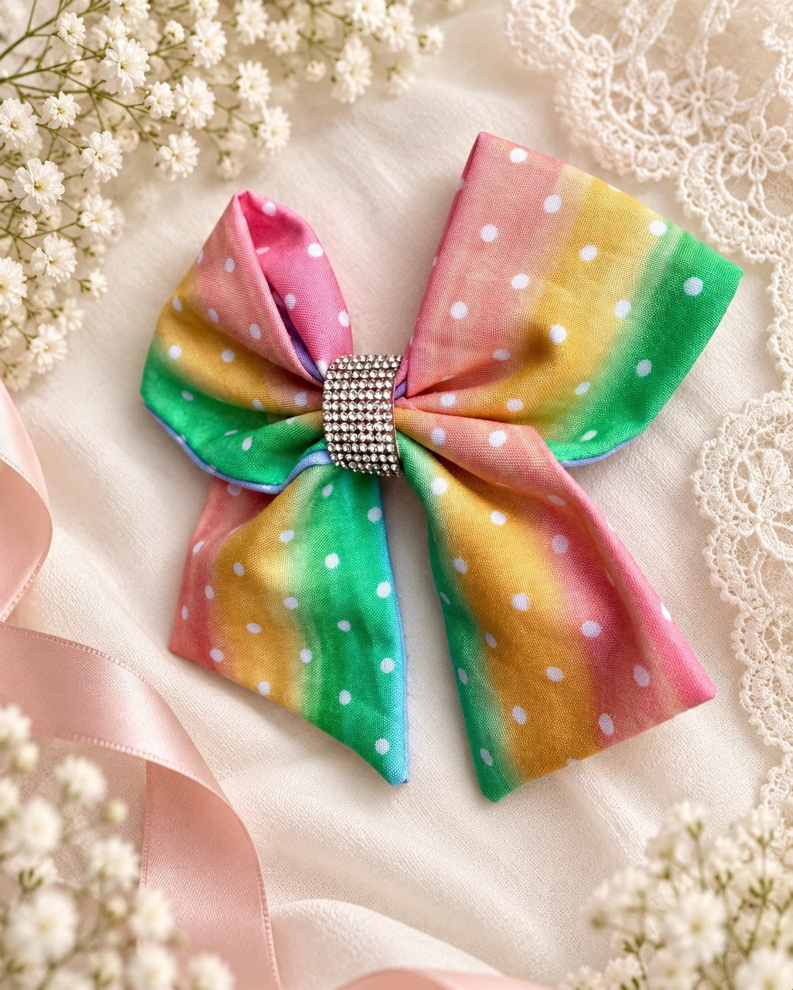 Pastel rainbow polka dot bow with rhinestone center angled view