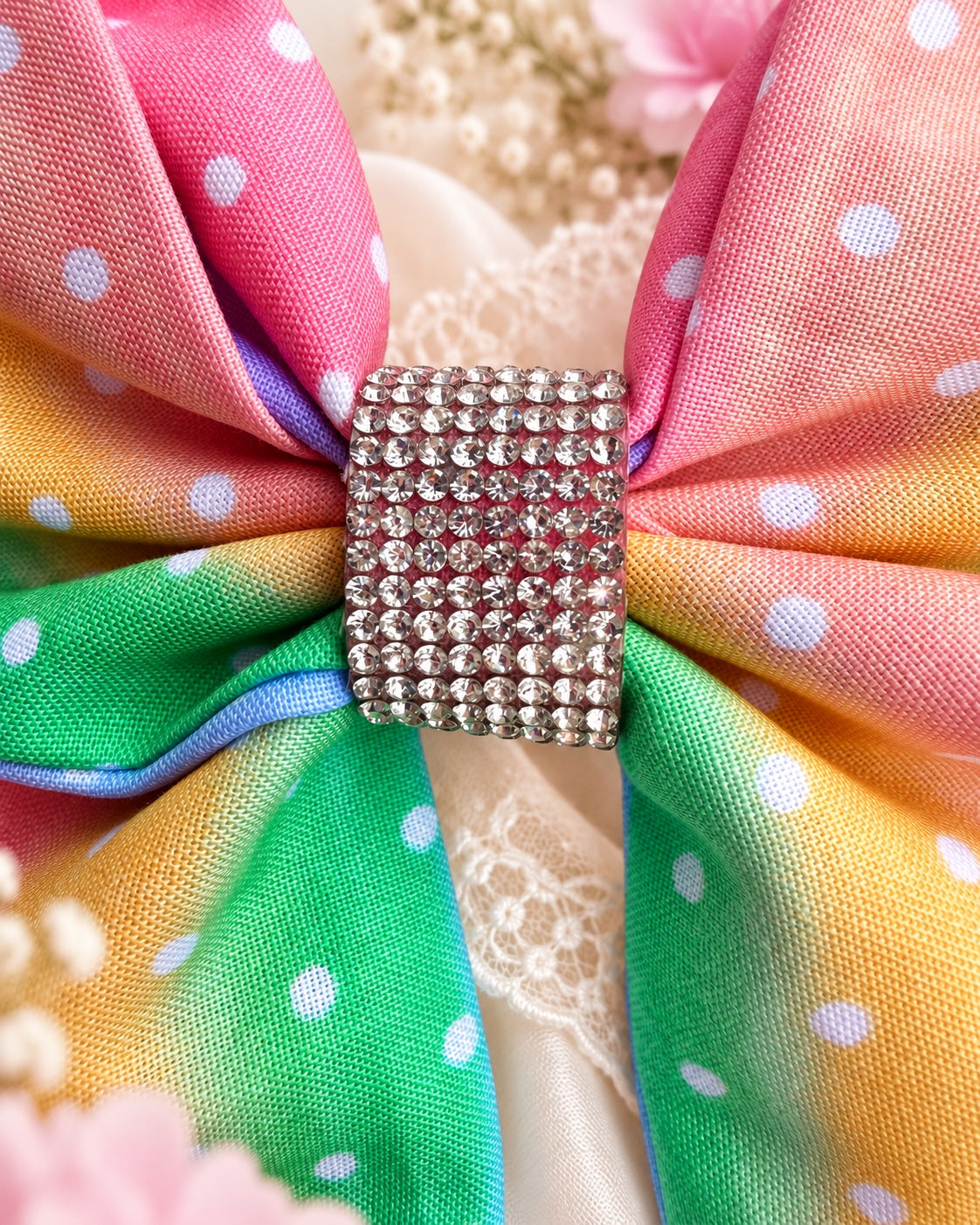 Close up of pastel rainbow polka dot hair bow with sparkling rhinestone center