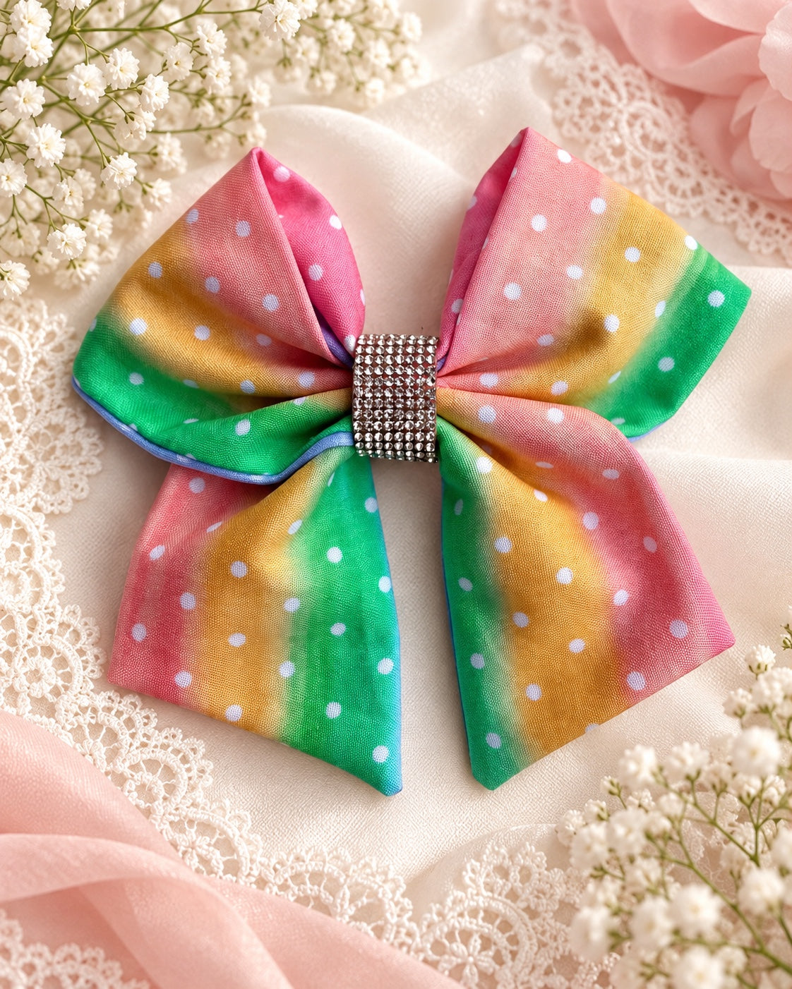 5.5 inch pastel rainbow rhinestone girls hair bow shown in hand