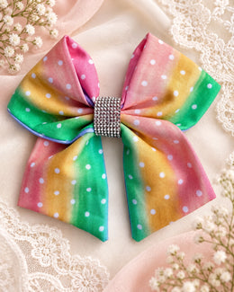 Pastel rainbow polka dot 5.5 inch rhinestone hair bow for girls
