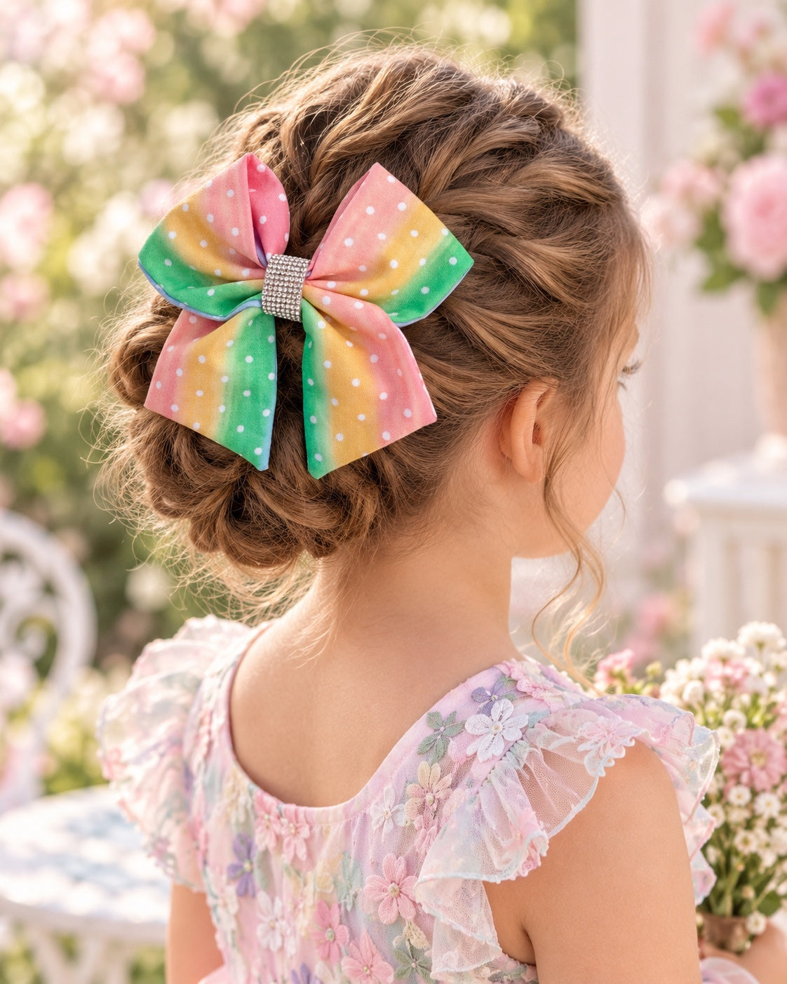 Girl wearing pastel rainbow rhinestone 5.5 inch hair bow with braided updo