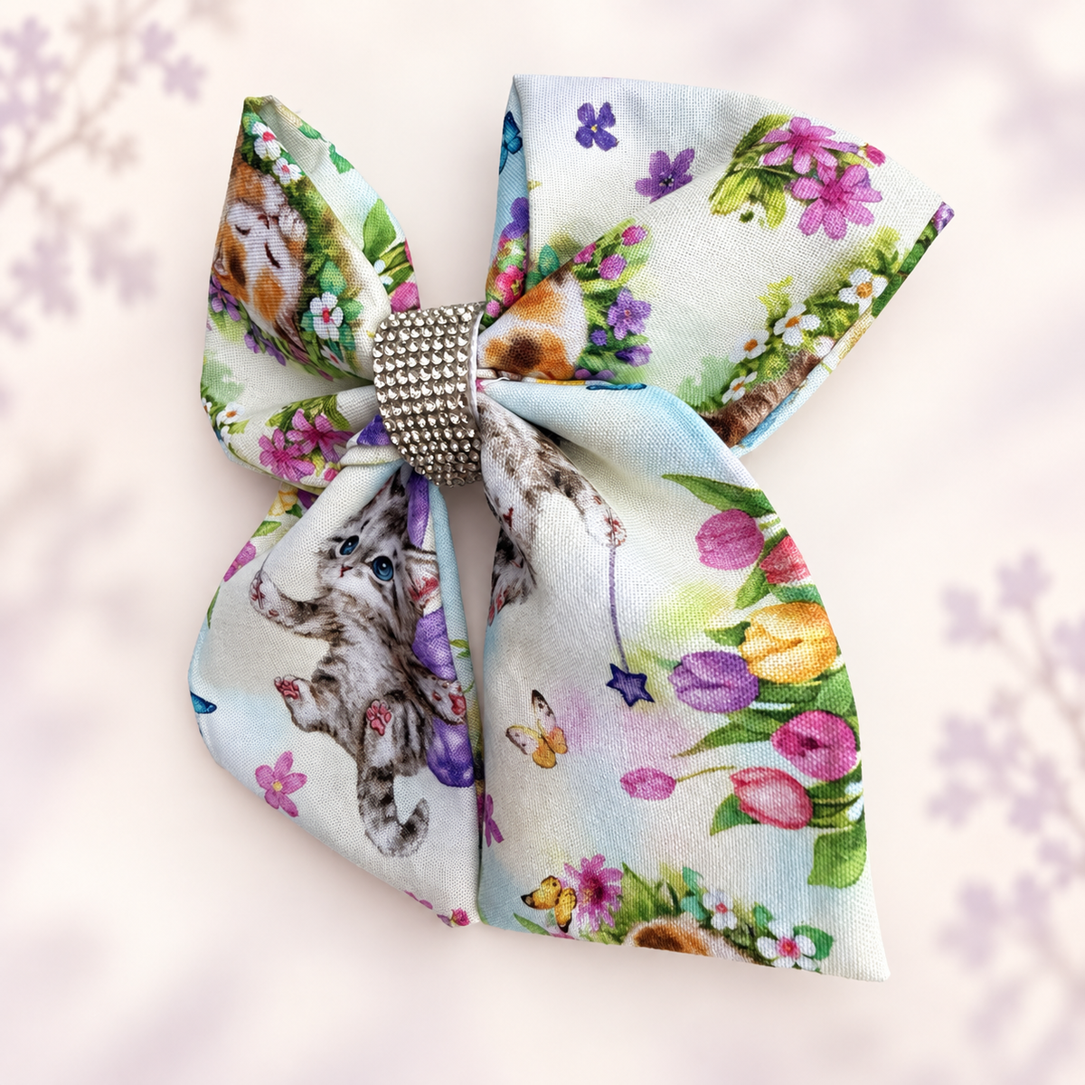 Six-inch storybook hair bow with kittens flowers butterflies and rhinestones