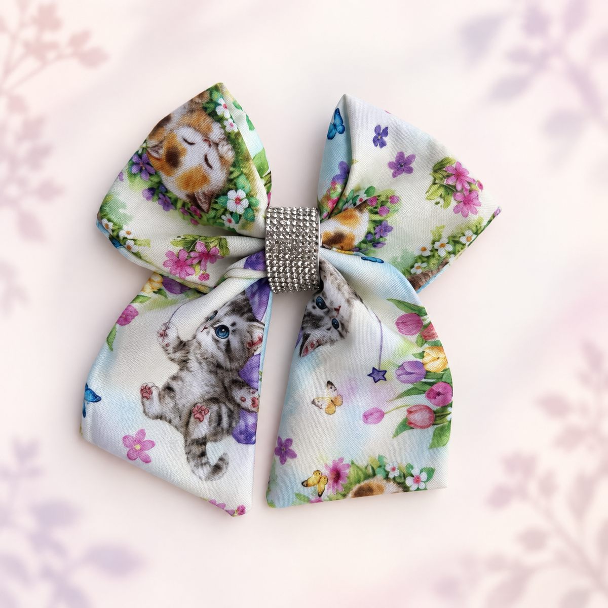 Whiskers in Bloom 6-inch kitten floral hair bow with silver rhinestone center